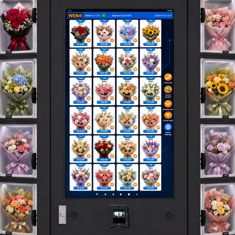 Custom WEIMI flower vending machine cabinet graphics and brand presentation