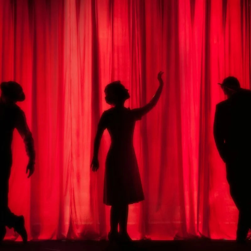 Performers silhouetted against red theatre curtains, illustrating an arts venue setting